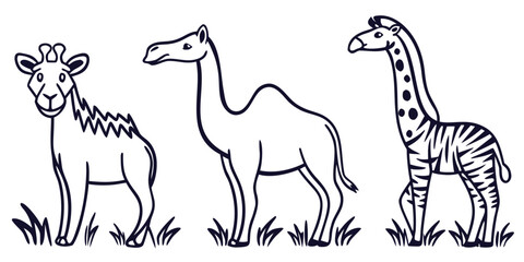 A giraffe, a camel, and a zebra stand in a line on grassy ground.