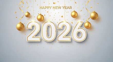 Celebrate New Year 2026 with Gold Ornaments and Confetti