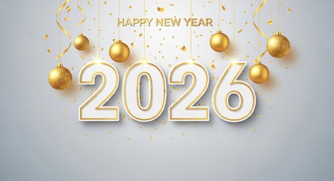 Celebrate New Year 2026 with Gold Ornaments and Confetti