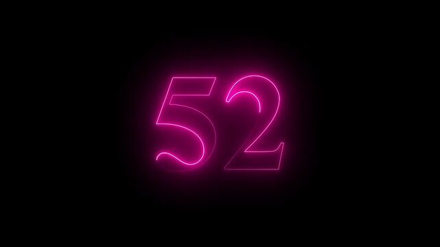 neon glowing text 52 number countdown icon on black background 4k animation. Neon number 52 with alpha channel.