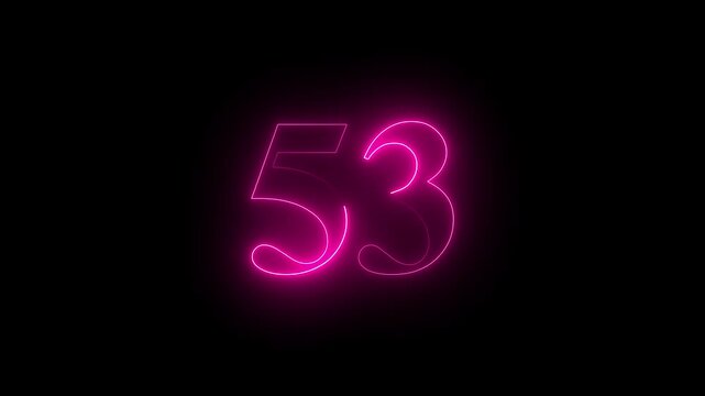 neon glowing text 53 number countdown icon on black background 4k animation. Neon number 53 with alpha channel.