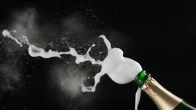 Close-up of sparkling wine bottle with frothy liquid spraying against a dark background, celebrating a special occasion.