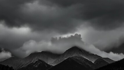 Dramatic Black and White Mountain Landscape with Overcast Sky and Clouds. - Powered by Adobe