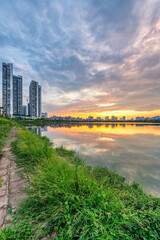 Cau Giay Park Lake Sunset, Hanoi Skyline Reflection