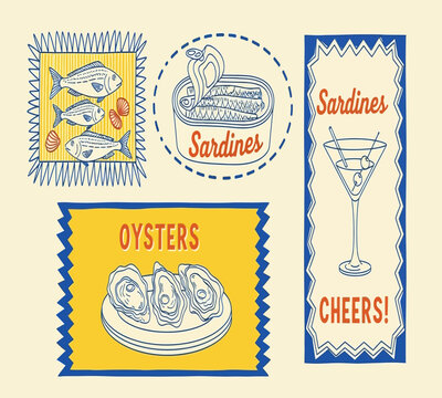 Illustration of a vintageinspired collection of seafood and cocktail illustrations, featuring oysters, sardines, and fish, perfect for adding a touch of retro charm to your projects