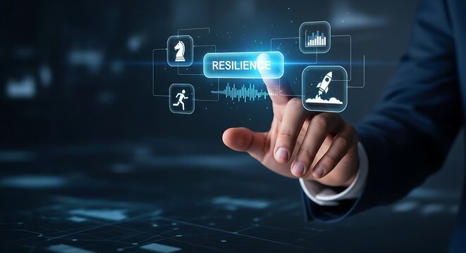 Businessman touching reset button on virtual interface, business concept.