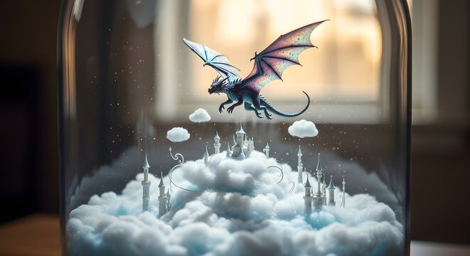 Fantasy Dragon sculpture rests above a castle in clouds, captured in glass. Magical branding, whimsical posters.