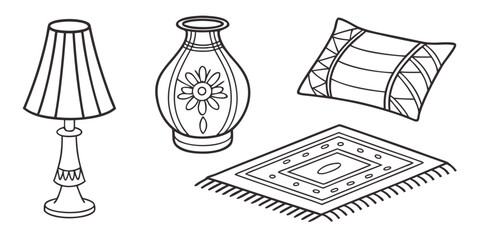 A lamp, vase, pillow, and rug are arranged on a white background.