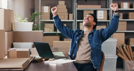 Small business, happy man or fist pump with laptop for celebration, ecommerce or financial goals. Logistics success, achievement or entrepreneur winning with sales increase, excited or pc at startup - Powered by Adobe