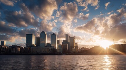 Obraz premium The stunning skyline of London's financial district is silhouetted against a vibrant sunset, creating a picturesque view over the river. Towering skyscrapers reflect the colorful l