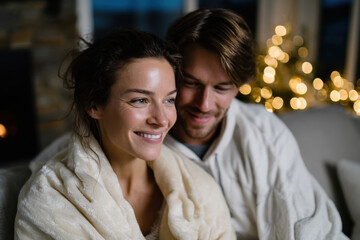 Fototapeta premium A cheerful couple wrapped in soft blankets, sharing a warm moment by the fireplace, exuding love and comfort amidst twinkling lights of a Christmas tree in the background.