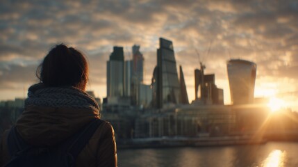 Fototapeta premium A woman stands near the river, gazing at the stunning skyline of London during sunset. The buildings reflect a warm glow while the serene waters add tranquility to this urban scene