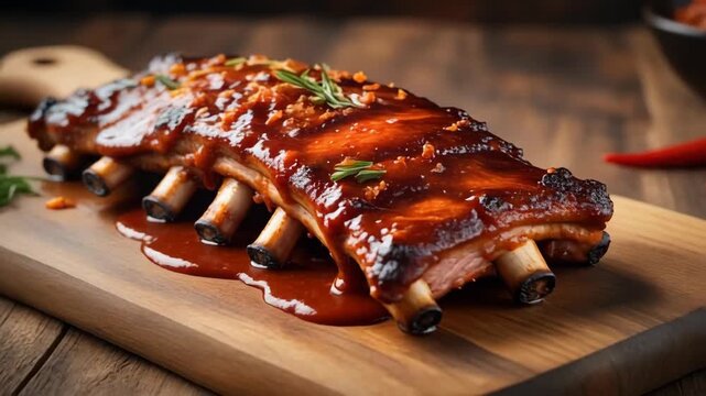 Succulent barbecued ribs slathered in rich sauce, garnished with herbs, served on wooden board, rustic culinary presentation, BBQ meat dish