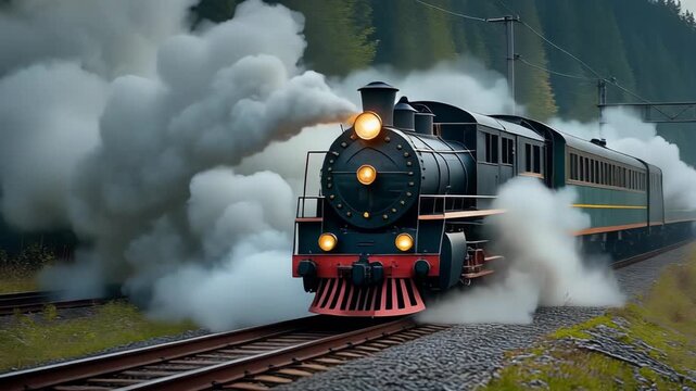 Vintage train engine billowing smoke moving on tracks through countryside passing a forest, traveling forward using steam power
