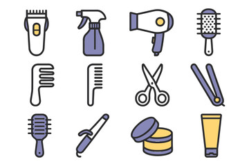 Obraz premium Hairdressing tools: clippers, dryer, comb, scissors, spray bottle, brush, iron, curlers, cream, containers.