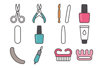 Colorful nail care tools set: scissors, clippers, files, polish, buffer, and brush.