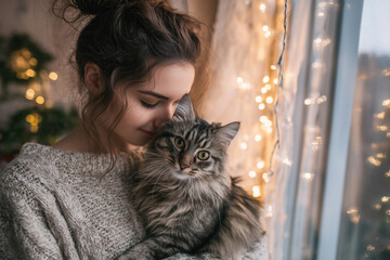 Woman holding cat by Christmas window lights