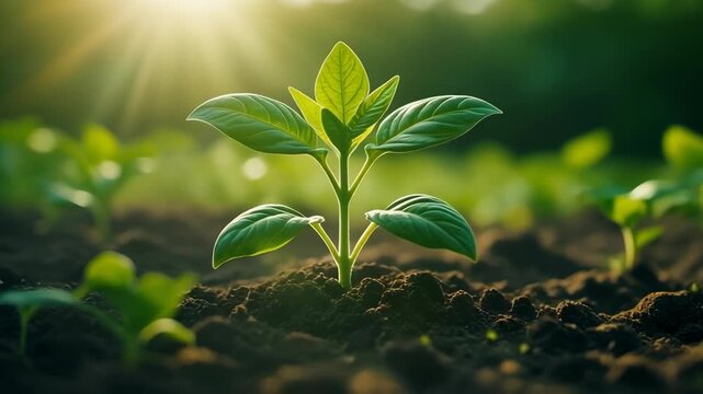 Young green plant sapling growing in fertile soil with warm sunlight beaming down on the agricultural field in springtime