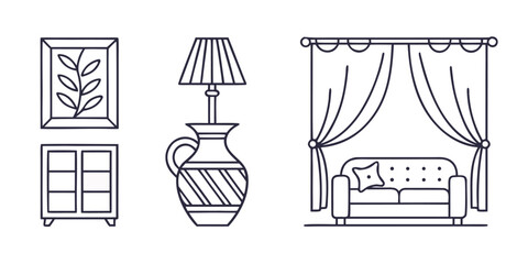 Interior design elements including a framed artwork, cabinet, lamp, and sofa with curtains.