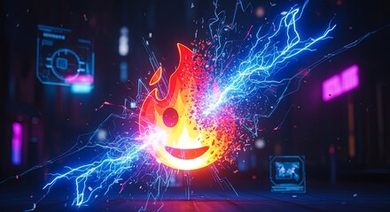 Fiery emoji icon being split by electric blue lightning bolts in a dark, futuristic digital environment.