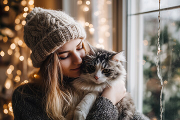 Woman holding fluffy cat near Christmas lights