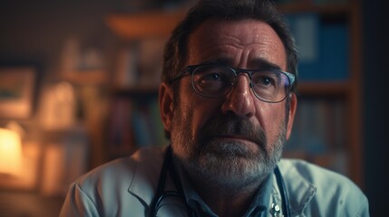 In an intimate setting, a serious male doctor in a medical uniform reflects on his duties and experiences in patient care. This doctor faces numerous challenges in the healthcare p