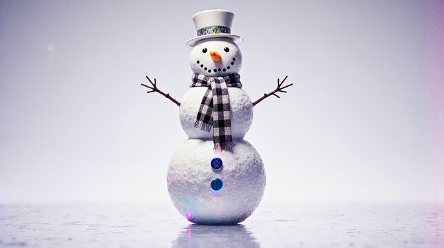 Cute snowman wearing a black and white checkered scarf and top hat - Powered by Adobe