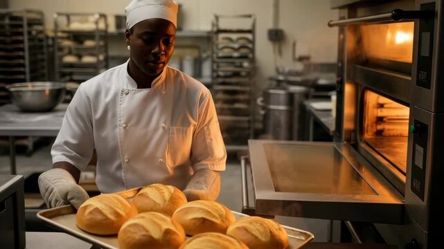 African American male baker, wearing white chef uniform, carefully removes freshly baked loaves from oven, showcasing craftsmanship and dedication in a bustling kitchen environment