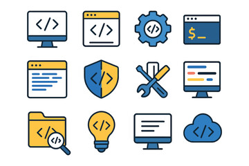 Web development icons: code symbols, tools, cloud, monitor, gear.