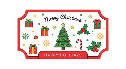 Merry Christmas and Happy Holidays greeting card with festive icons and decorations