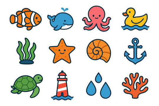 Adorable marine and nautical icons featuring sea creatures and lighthouse.