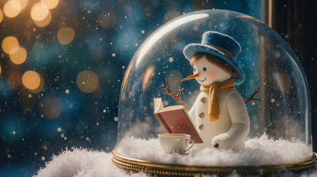 Charming snowman reading a book inside a snow globe with festive lights