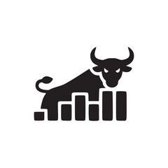A black silhouette of a bull standing atop a rising bar graph on a plain white background isolated