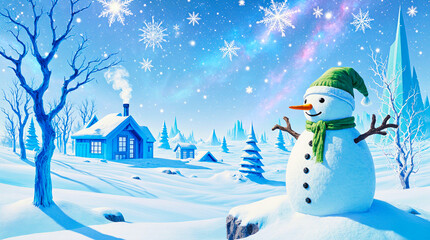 Charming snowman and cozy winter village under a starry night sky