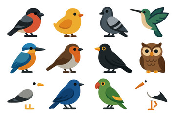 Naklejka premium Colorful assorted bird illustrations in various poses and styles.