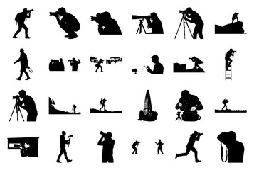 Silhouettes of Photographers in Various Poses and Settings Keywords: photographer, silhouette