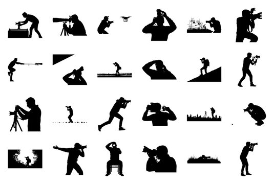 Collection of Photographer Silhouettes with Cameras and Drones Keywords: photographer