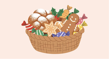 Festive Basket of Christmas Treats with Gingerbread Man and Candies.
