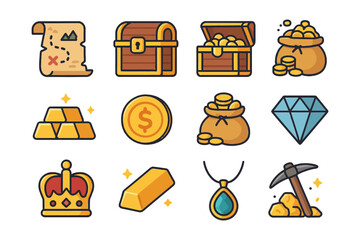 Treasure icons: map, chest, gold bars, diamond, crown, pickaxe.