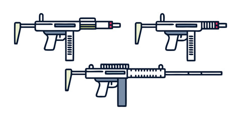 Three different submachine guns are illustrated against a white background.