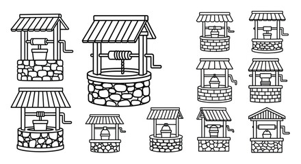 Collection of vintage water wells in a black and white line art style