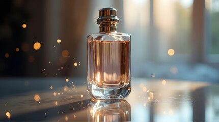 Elegant perfume bottle shimmering with light, capturing the essence of luxury and sophistication, perfect for beauty campaigns and fragrance ads, inviting indulgence