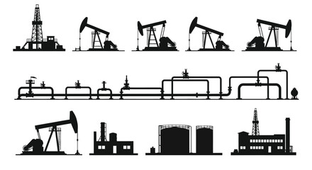 Silhouette illustration of oil rigs pipelines and refinery structures
