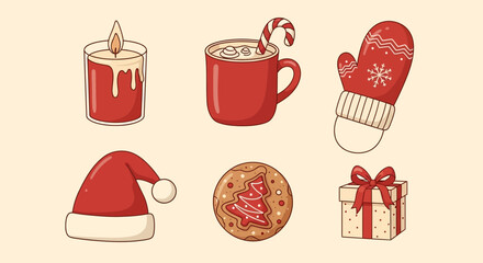 Festive Christmas Icons Candle Cocoa Mitten Hat Cookie and Gift 1.