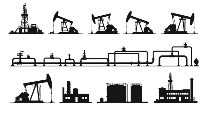 Silhouette illustration of oil rigs pipelines and refinery structures