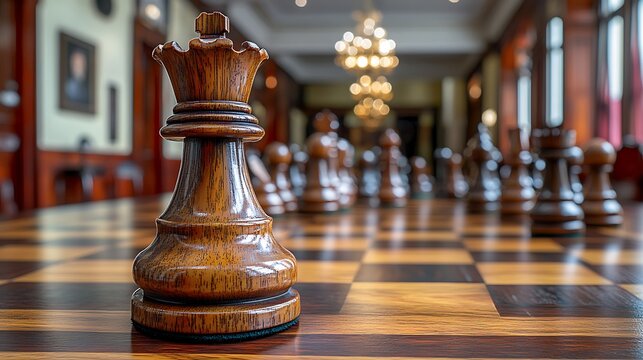 Chess Queen on wooden chessboard.