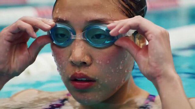 Confident swimmer adjusts goggles before competition, ready to dive into success and achieve her goals in the pool with focused determination