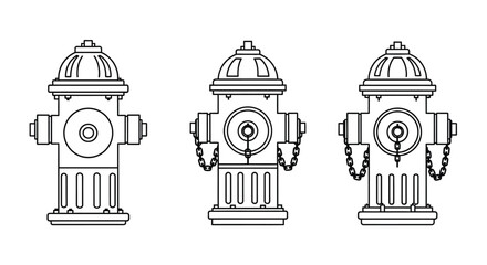 Three black and white line art illustrations of vintage fire hydrants