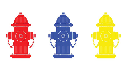 Three colorful fire hydrants in red blue and yellow are displayed