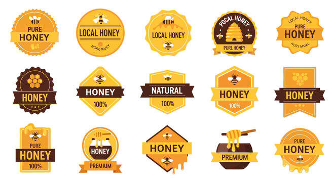 Assortment of golden honey badges and emblems, showcasing pure, local, and natural product quality for food packaging and branding designs
